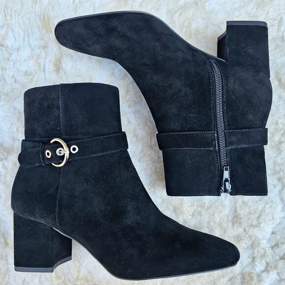 Black Suede Bootie Ann Taylor Breanna Size 6 Leather Harness Buckle Square Toe - Picture 12 of 13